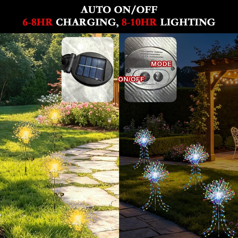 WISEgham 4Pack 480LED Solar Stake Lights, Fireworks Lights, Warm White
