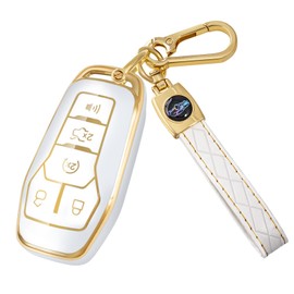 Flensent Car Key Fob Cover Fit for Ford Fusion Mustang F150 Edge Explorer Lincoln MKZ MKC MKX Soft TPU 5 Buttons Key Protection Case Remote Case Shell Protector with Leather Keychain(White)
