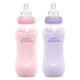 Evenflo Advanced Biberón Anticólicos, Cuello Estándar, Rosa/Morado, Silicón Libre de BPA, Flujo Medio, 240ml, 3+ Meses, 2 Piezas