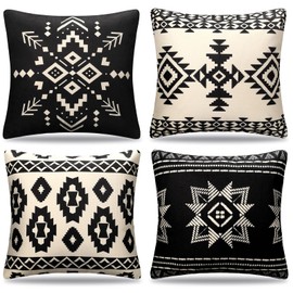 Cheekywares Boho Cushion Cover 45 x 45 cm Black and White Decorative Cushion Covers Aztec Tribal Ethnic Sofa Cushion Decorative Cushion Living Room Bedroom Garden Outdoor Couch Cushion Cover Set of 4