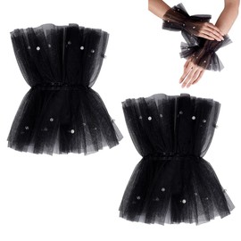 AHANDMAKER Short Fingerless Lace Gloves Wedding Gloves Made of Pearl Tulle Beads Mesh Tulle Gloves Handcuffs Gloves for Hallowmas Masquerade Wedding Party Tea Party, black