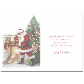 doodlecards Cousin Christmas Card Santa by Christmas Tree Medium Size Christmas Card for Cousin with Plain Envelope