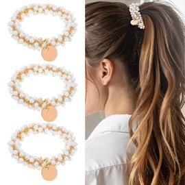 Ymapinc White Pearl Hair Tie for Women, Elegant Pony Tails Beaded Scrunchies Ponytail Cuff Fancy Hair Accessories for Women