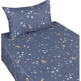 Scientific Sleep Moon & Stars Boys Girls 100% Cotton 3 Pcs Twin Bed Sheet Set Kids Toddler Teen, Flat Sheet & Fitted Sheet & Pillowcase Kids Bedding Set