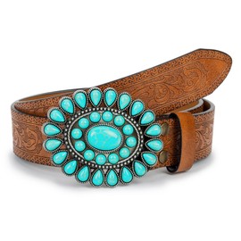 UTOWO Western Cowgirl Belt for Women,Vintage Engraved Tooled Leather Belt Turquoise Cowboy Country Belt