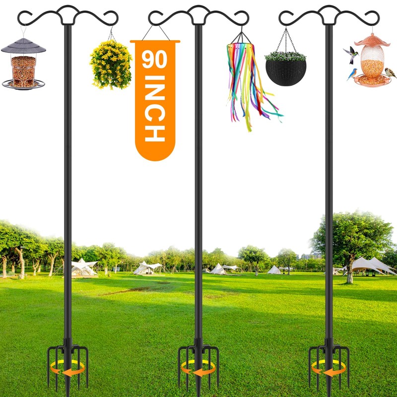 SINLEY Double Shepherds Hook for Outdoor with 5 Prong Base