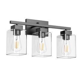PARTPHONER 3-Light Bathroom Light Fixtures, Matte Black Modern Vanity Lights, Bathroom Lighting Fixtures Over Mirror, Square Design Farmhouse Wall Sconces with Clear Glass Shades