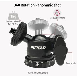 FIFIELD Universal 1/4 Screw Hot Shoe Mount Adapter Metal Tripod Ball Head 360 Degree Mini Ball Head Camera Mount