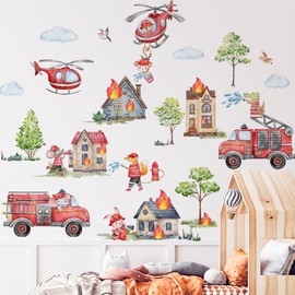 WandSticker4U® - Wall Sticker Fire Brigade Children's Room XXL (103 x 98 cm) I Wall Sticker Fire Brigade Children with Cute Animals Forest Fire Vehicles I Wall Sticker Baby Room Nursery Decoration Boy