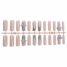 MISUD Press on Nails Long Square Fake Nails Glossy Glue on Nails Nude Acrylic Nails Squoval Artificial Nails Luxury Butterfly Cross Rhinestone Stick on False Nails with Design 24 pcs