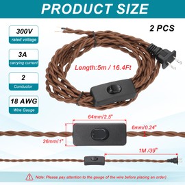 uxcell 16.4Ft 18/2 Twisted Cloth Covered Lamp Cord, 2 Pcs Vintage Fabric Electrical Wire with Switch Button and Plug Stripped Ends Ready for Extension Wiring DIY Repairing, Light Brown