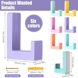 Teenyyou 6 Pack Cute Kids Coat Wall Hooks Wooden Decorative Adhesive Macaron Pastel Colorful Wall Mounted Heavy Duty Hooks for Keys Hat Coat Shower Curtain Playroom Bathroom Decor