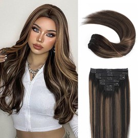 Goulus Clip in Human Hair Extensions 120g Balayage Dark Brown Mixed Chestnut Brown Real Remy Human Hair Clip in 8pcs 18 Clips in Hair Extensions Real Human Hair(2/6/2,24inch)
