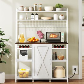 DWVO Bakers Rack Microwave Stand Cabinet with Large Storage Drawer and Power Outlet, 47 Inches Farmhouse Kitchen Tall Thickened Coffee Bar Table with Wine Shelf, White