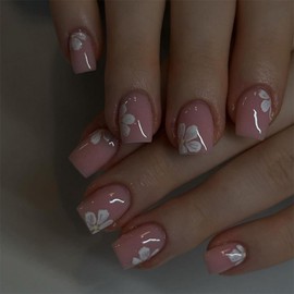 Flower Press on Nails Short Square MABKJLF Nude Pink Fake Nails White Floral False Nails with Designs Natural Nails Full Cover Glossy Glue on Nails Summer Spring Acrylic Nails for Women Girls 24 Pcs