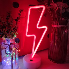 JYWJ Lightning Neon Sign With Holder Base,USB or 3-AA Battery Powered Neon Light,LED Desktop Wall Decoration,Various Parties,Decoration Of Business Premises(Red)