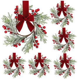 6 Pcs Mini Christmas Wreath 12" Christmas Kitchen Cabinet Wreaths with Red Bow Artificial Berry Norfolk Pine Hanging Wreath for Xmas Holiday Front Door Window Wall Home Party Decorations