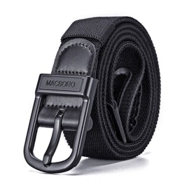 MACBORO Mens Belts Stretchable Stretch Elastic Golf Accessories Hypoallergenic Non Metal Nickel Free Tsa Approved Belt for Men Plastic Buckle Airport Friendly Black Travel Nylon Belt with Leather Tab