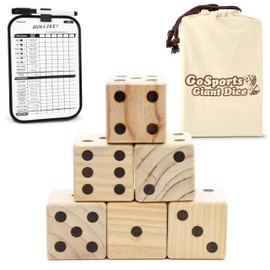 GoSports Giant Wooden Playing Dice Set with Rollzee and Farkle Scoreboard - Includes 6 Dice, Dry-Erase Scoreboard and Canvas Tote Bag - Choose 2.5 Inch or 3.5 Inch Dice