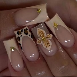 Auiremrti 24 Pieces French Tip Leopard Print Press-on Nails with Tele Size Square False Nails with 3D Flower and Star Design, Spring Flower False Nails