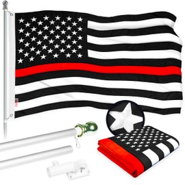 G128-5 Feet Spinning Flagpole (Silver) Thin Red Line Flag Brass Grommets Embroidered 2x3 ft (Flag Included) Aluminum Flag Pole