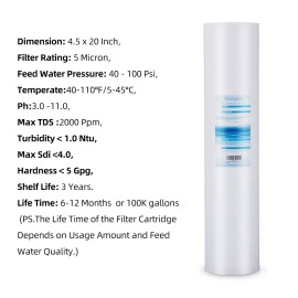 Geekpure Whole House PP Sediment Replacement Water Filter 4.5" x 20" -5 Mic 4 PK