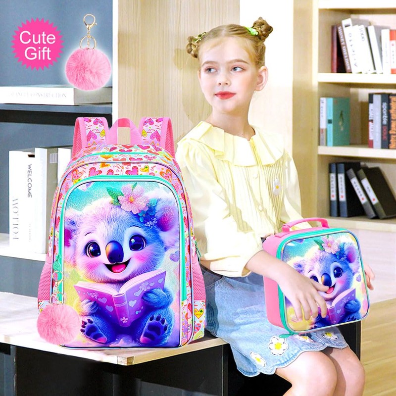 gxtvo 3PCS Koala Backpack for Girls, 16" Kids Bookbag with