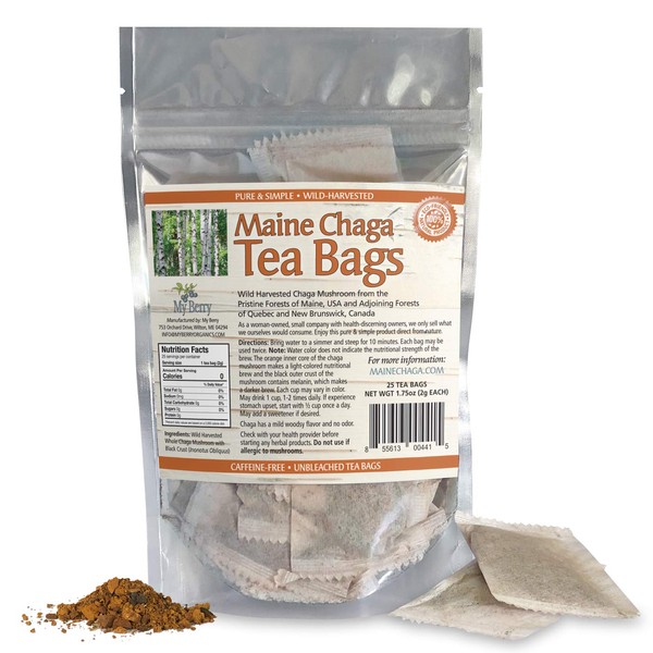 Maine Chaga Tea Bags, Pesticide Free, NOT Imported Chaga, 25 Bleach-Free Bags, USA & Canadian Grown
