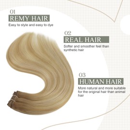 fshine Weft Hair Extensions Natural Weft Human Hair 16 Inch 100g Double Weft Sew in Hair Extensions Chestnut Brown to Caramel Blonde with White Blonde Color#6/27/60 Weave Extensions