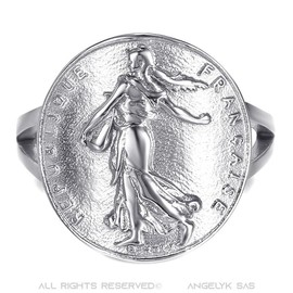 BOBIJOO JEWELRY - Signet ring woman fitted piece Franc Semeuse Marianne steel 316L silver French Republic, Stainless Steel, 316 stainless steel.