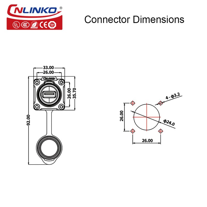 CNLINKO LP-24 USB3.0 Industrial Waterproof Plug, 4-Hole Recessed Socket with