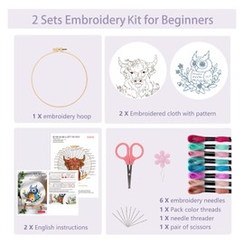 Offizon 2 PCS Embroidery Kit for Beginners - Mixed Embroidery Patterns, Embroidery Accessories & Hoop Included, Hand Embroidery Kit for Adults Stitching Sewing Kit Gift | Cow+Owl Patterns