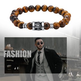 Flongo Men's Bracelet Rosary with Skull Pendant Bead Bracelet Tiger's Eye Stone with Stainless Steel 8 mm / 10 mm Men's Bracelet Yellow Black, Stainless Steel