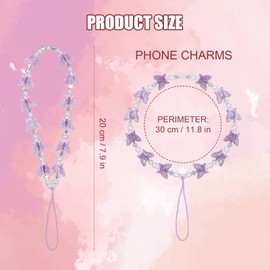 2Pcs Beaded Phone Bracelet Strap, Crystal Butterfly Pearl Beaded Phone Charm Strap Hand Wrist Lanyard for Telephone Keychain Charm for Women Girls (Purple, White)