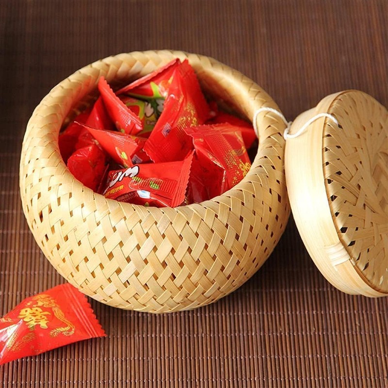 Roundsky Set of 2 Small Decorative Bamboo Baskets with Lid