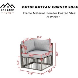 LOKATSE HOME Rattan Outdoor Patio Furniture Corner Sectional Sofa Chair with Thick Cushion and Steel Frame for Backyard Deck Lawn Garden, Grey