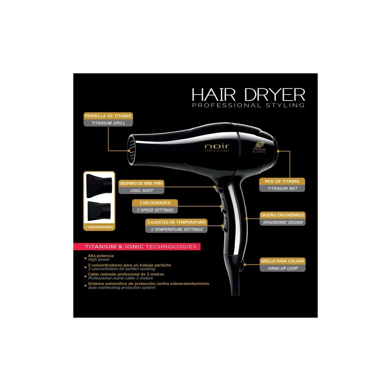 Secadora De Pelo Noir Professional Titanio Color Negro 2000w