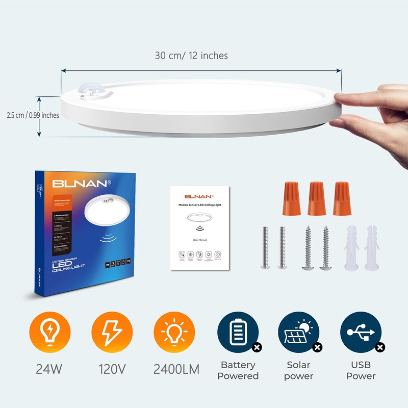 BLNAN Motion Sensor Ceiling Light Wired, 12 Inch 3000K 4000K