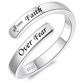 JXJL 925 Sterling Silver Inspirational Jewelry Adjustable Wrap Open Ring Encouragement Gift for Women(Faith Over Fear)