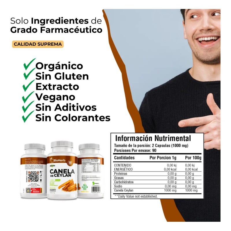 Bioherb Canela Ceylán 100 Pura Certificada Origen 180 Cápsulas Alta