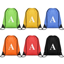 ZOMFELT 6Pcs Drawstring Backpack Drawstring Gym Bags, Foldable Draw String Backpack with Multiple Colors and Letters, Lightweight Polyester Cinch Bag for Gift, Beach, Sports, Travel, Swim (Letter A)