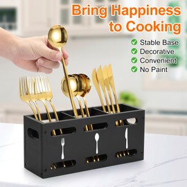 3 Compartment Flatware Caddy, Cutlery Utensil Holder, Organizer Caddy Box For Cooking, Silverware, Flatware, Sauce Spoon, Tongs, and More, Grey Washed Mango Wood Caddy with Metal Handles (BLACK)