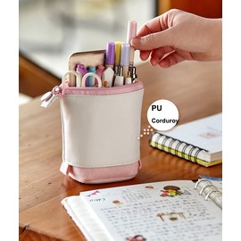 Red Dollar Pen Pencil Telescopic Holder Stationery Case, PU Corduroy Stand-up Transformer Bag Colorful Organizer, Great for Cosmetics Pouch Makeup Bag (Pink)