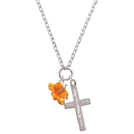 Delight Jewelry Silvertone Hot Orange Hibiscus Flower - I Can Do All Things Engraved Cross Zoey Necklace, 28"