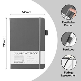 ZephyrNote Notebook A5 Lined Hardcover, Premium 80 GSM Paper, Journal Book with 192 Pages, Inner Pocket, Pen Loop, Elastic Strap, Faux Leather Cover, 14.5 x 21.3 cm (Dark Grey)