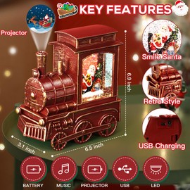 IPOW Christmas Santa Globe Lantern Train with Santa Sleigh Projection, Water Swirling Glitter Musical and Lighted USB Powered & Battery Operated Music Box for Christmas Home Decoration Gift