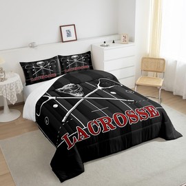 Manfei Lacrosse Comforter Set Queen Size, Sports Gaming Theme Quilt Set with 2 Pillowcases, White Lacrosse Player Bedding Set 3pcs for Kids Boys Teens Bedroom Decor