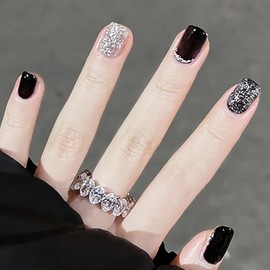 Bhidenaw Nail Tips, 24 Pieces, Nail Tips, Short, Japanese Style, Cute, Simple, Stylish, For Various Occasions, Nail Sticker, Glossy, Fake Nails, Nail File Included, Black Silver