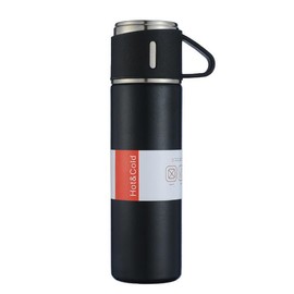 Herzberg HG04210-BLK, Stainless Steel Vacuum Flask, 500 ml, Hot/Cold 12 Hours, 360° Leak-Proof, 3 Cups Included, BPA-Free, Elegant and Compact Design