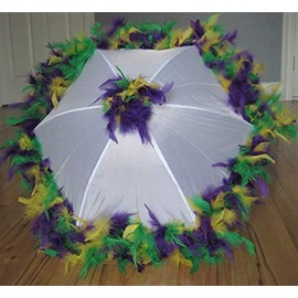 New Orleans Mardi Gras Second Line Umbrella with Purple, Green, Yellow Mixed Feathers on White Parasol